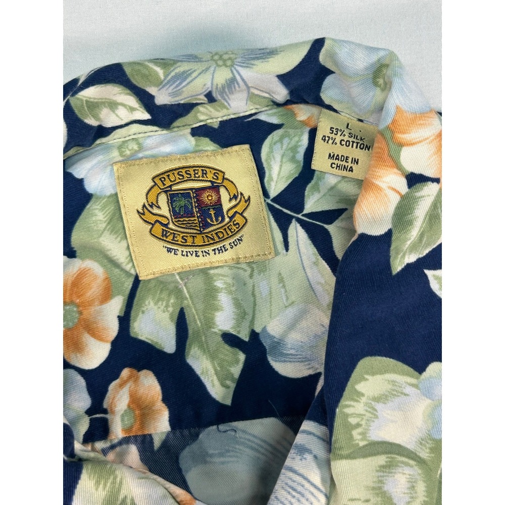 Pusser's West Indies Mens Large Silk Cotton Tropical Floral Hawaiian Shirt Blue - Picture 2 of 7